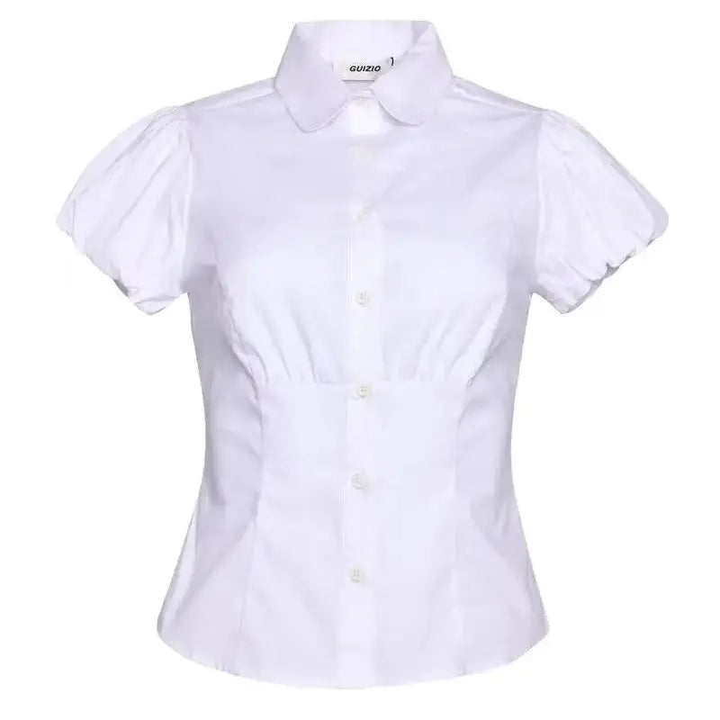 Guizio white short sleeved shirt with cinched waist and bubble sleeves, designed with Bella beer girl's retro half skirt