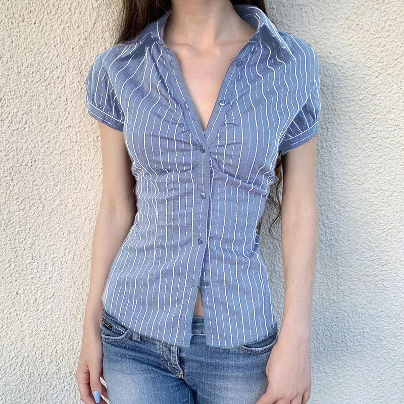 Vintage Striped Slim Fit T-shirt Ladies Short Sleeve V-neck Blouse Tees Preppy Style Button Up Crop Tops Y2K Aesthetic Clothes