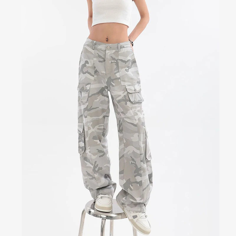 Calça cargo feminina hip hop cinza camuflada estilo americano Y2K calças largas largas retas soltas vintage calças de moletom casuais