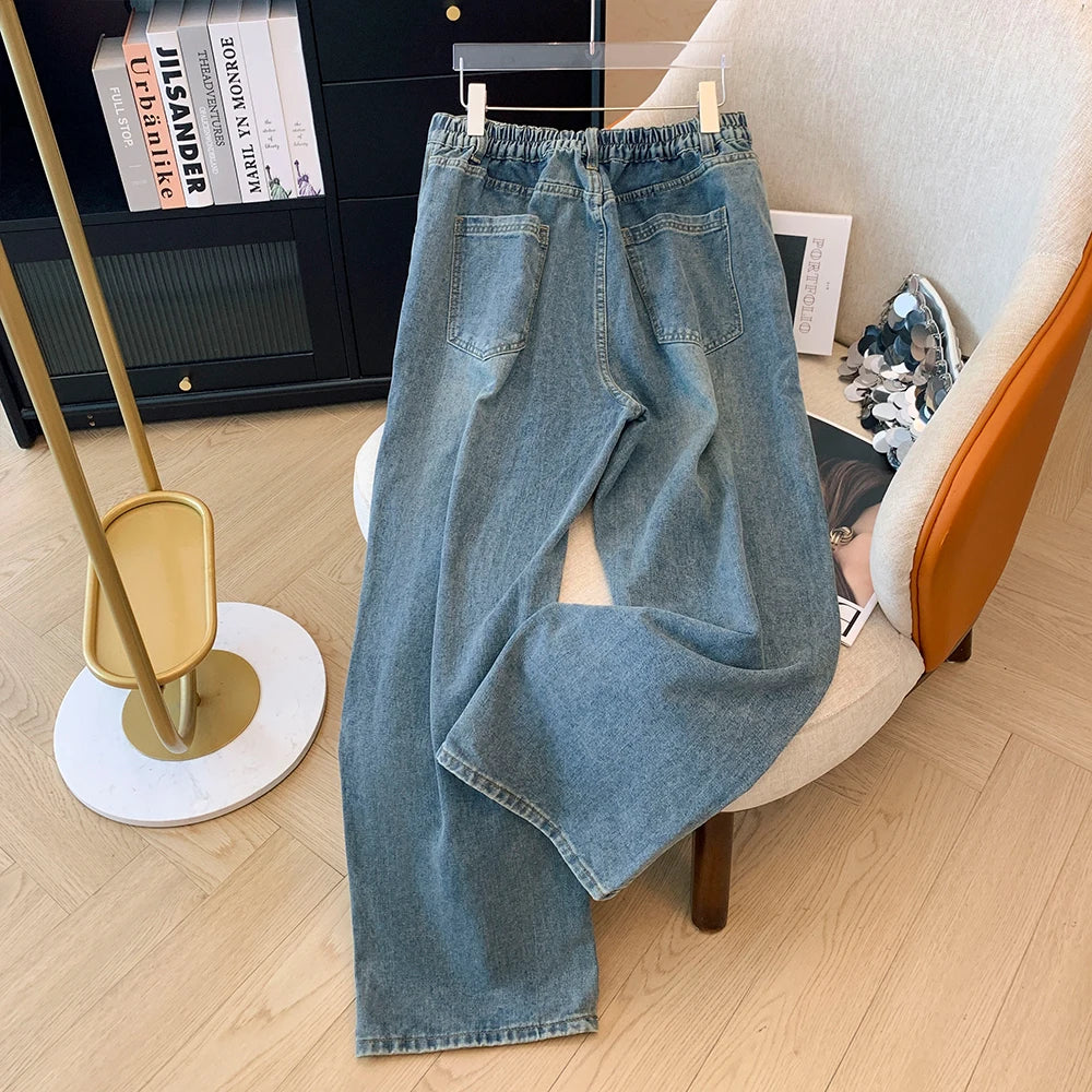 Calça jeans feminina casual plus size de outono, cintura alta, simples, sólida, reta, bolsos grandes, calça azul com cintura elástica