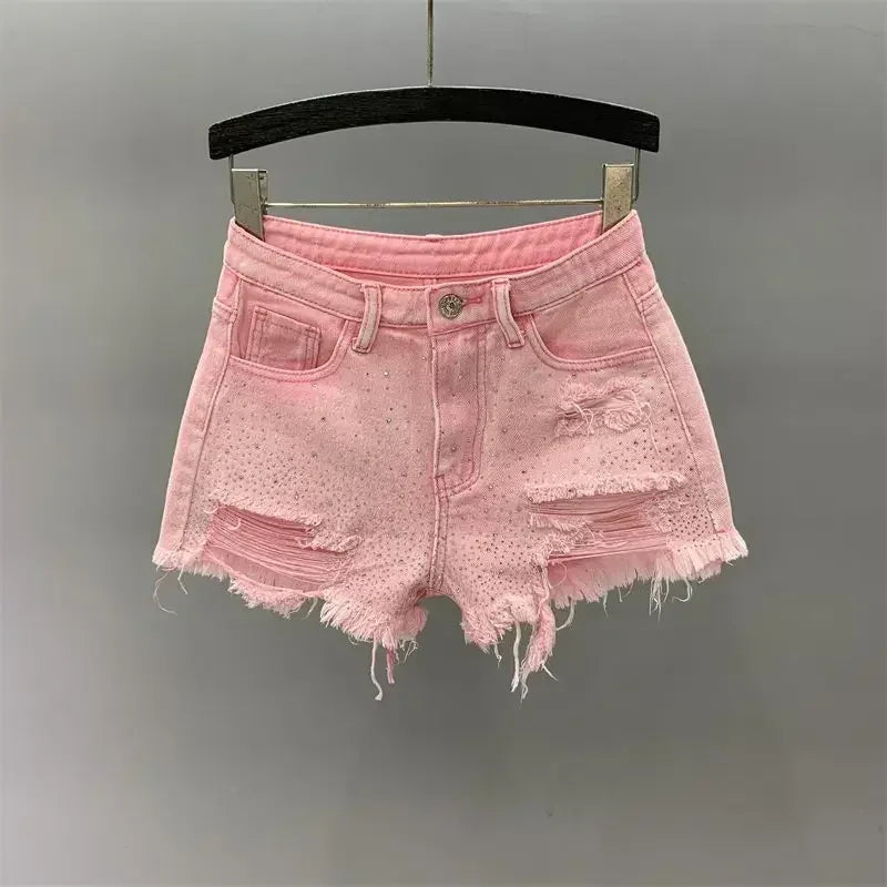 Heavy Industry Ripped Denim Shorts Women's Hot Pants 2024 New High Waist Slimming European Goods Color Rhinestone Wide Leg Pants