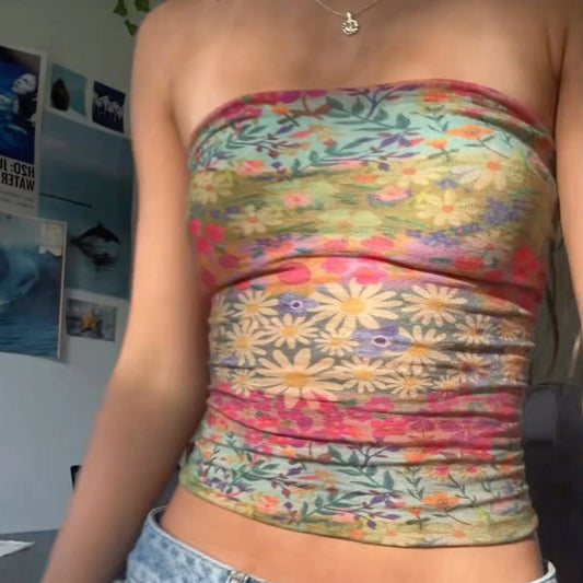 Summer Boho Bandeau Vest Cute Hiking Outfits Preppy Style Fitness Girl Strapless Tube Tops Graphic Print Off Shoulder Crop Tops