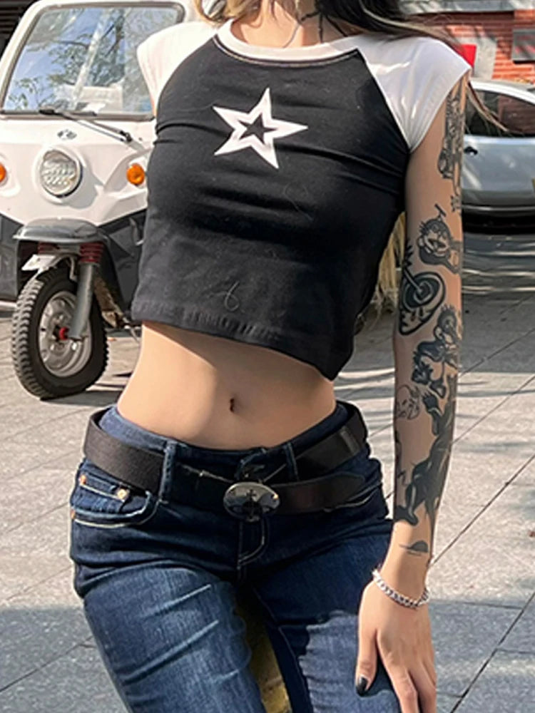 Kawaii Top Cropped Feminino Harajuku Bebê Camiseta Y2K Goth Manga Curta Streetwear Estampa de Estrela Roupas Camiseta Cena Emo Vintage Grunge