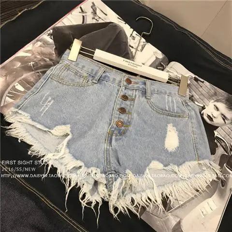 High Waist Tassel Broken Denim Shorts Women Summer Korean Version Raw Edge Wide Leg Loose Plus Size Jean Shorts Female