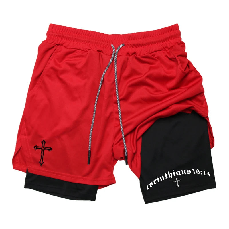 Cross Bible Graphic 2 in 1 Athletic Shorts for Men Christian Gym Workout Running Shorts with Phone Pocket Towel Loop Active Wear