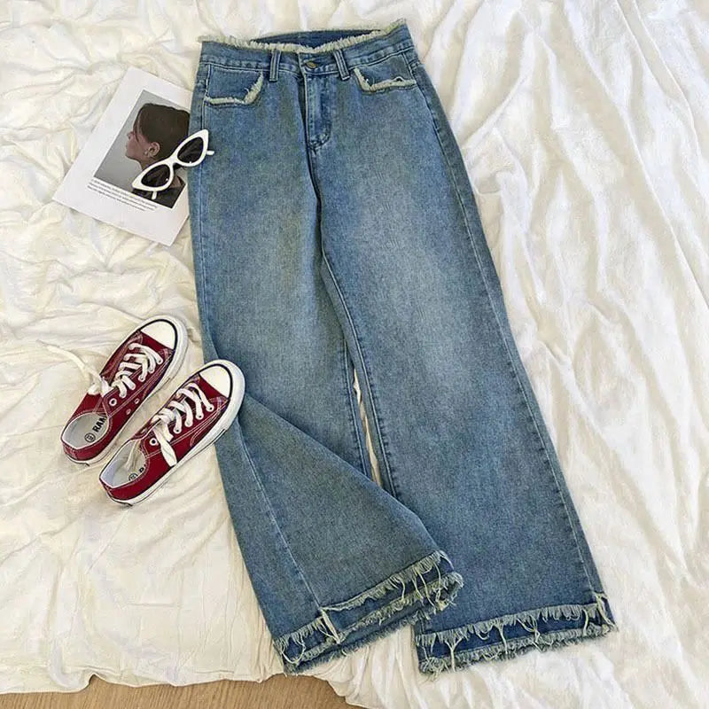 Korean Style White Loose Jeans Women Spring Summer High Waist Raw Edge Wide Leg Pants Fashion All-matched Thin Denim Long Pants