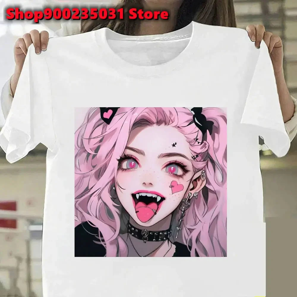 New Pink Demon Girl T-Shirt Streetwear Y2k Graphic Angel T-Shirt Harajuku Summer Women Aesthetic Oversized Outfit Tee Shirt