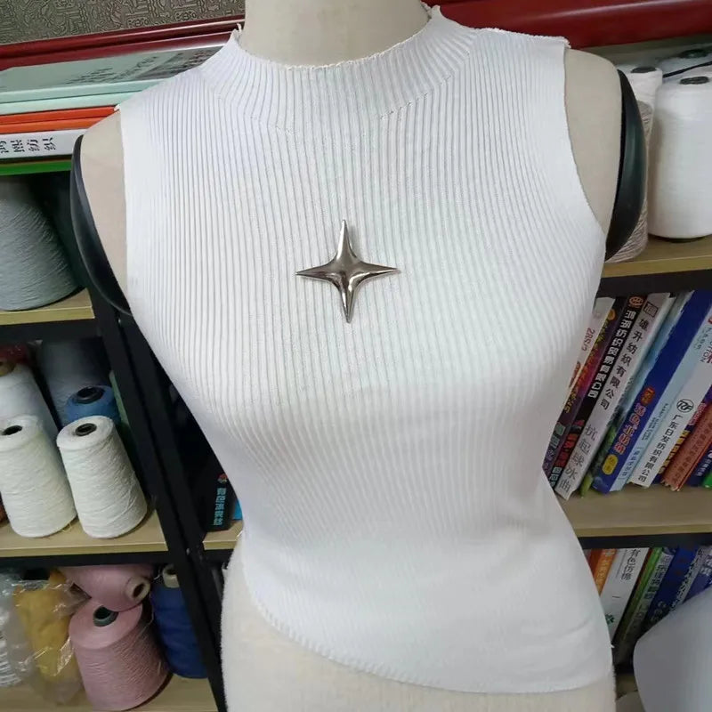 Y2K Crop Knit Top e-girl Mulheres Sem Mangas Bainha Assimétrica Gola Alta Elástico Ajustado Suéter Colete Verão 90s Outfit