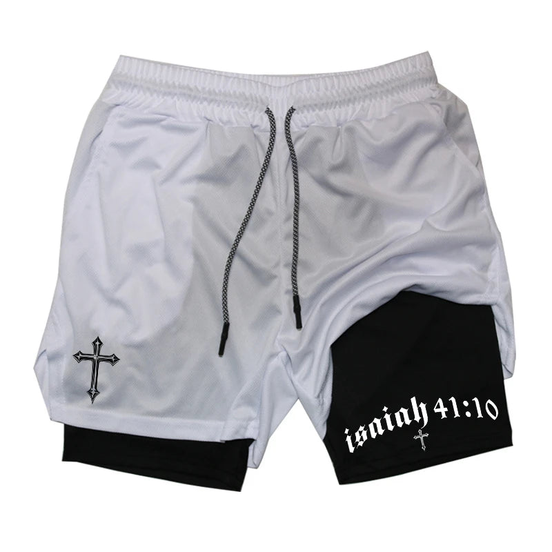 Cross Bible Graphic 2 in 1 Athletic Shorts for Men Christian Gym Workout Running Shorts with Phone Pocket Towel Loop Active Wear