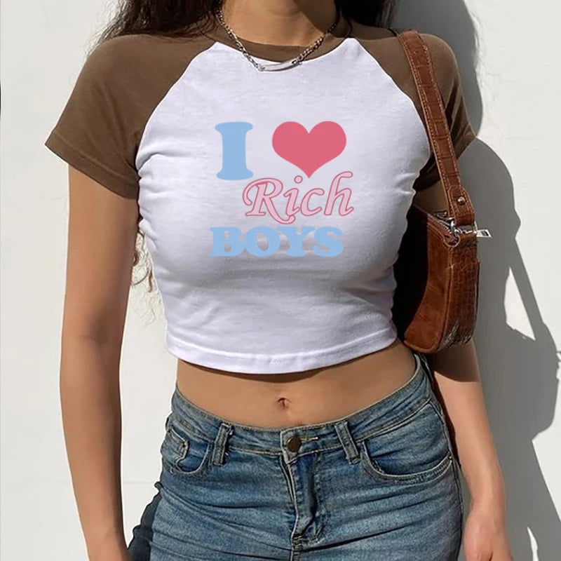 I Love Rich Boys  Women Summer Tee Grunge Crop Tops Sexy Baby Tee Printed White T-Shirt Female Crop Top Hot Girl O-Neck Short