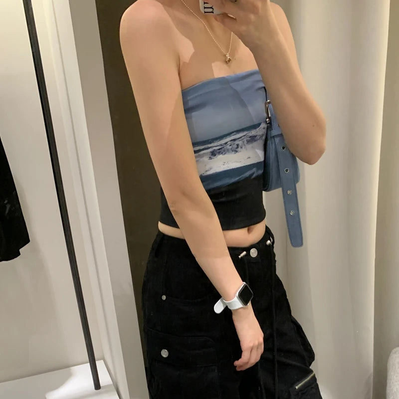 Women Strapless Cropped Bandeau Tube Tops Backless Camisole Streetwear Aesthetic Grunge Clothes Tanks Top 2024