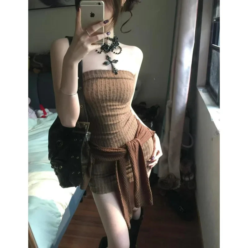 2025 spring pure slim sexy strapless hot girl hip-pack gothic short skirts for women brown casual high-quality knitted cardigan