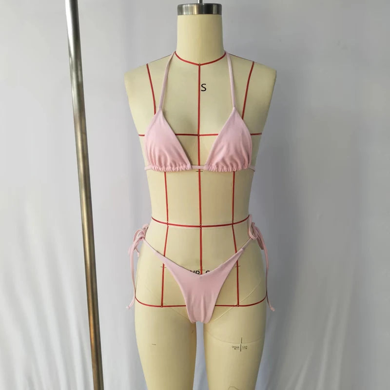 BEACHCICI Biquínis Conjunto de 2 Peças Verão Simples Sexy Sólido Cintura Alta Amarrar Halter Neck Tanga Sem Costas Fino Férias Praia Maiô