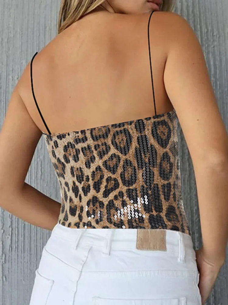 2024 New Autumn Winter Streetwear Tops for Women Sexy Fashion Vintage Tees Leopard Silm Sequins Sleeveless Backless Camis