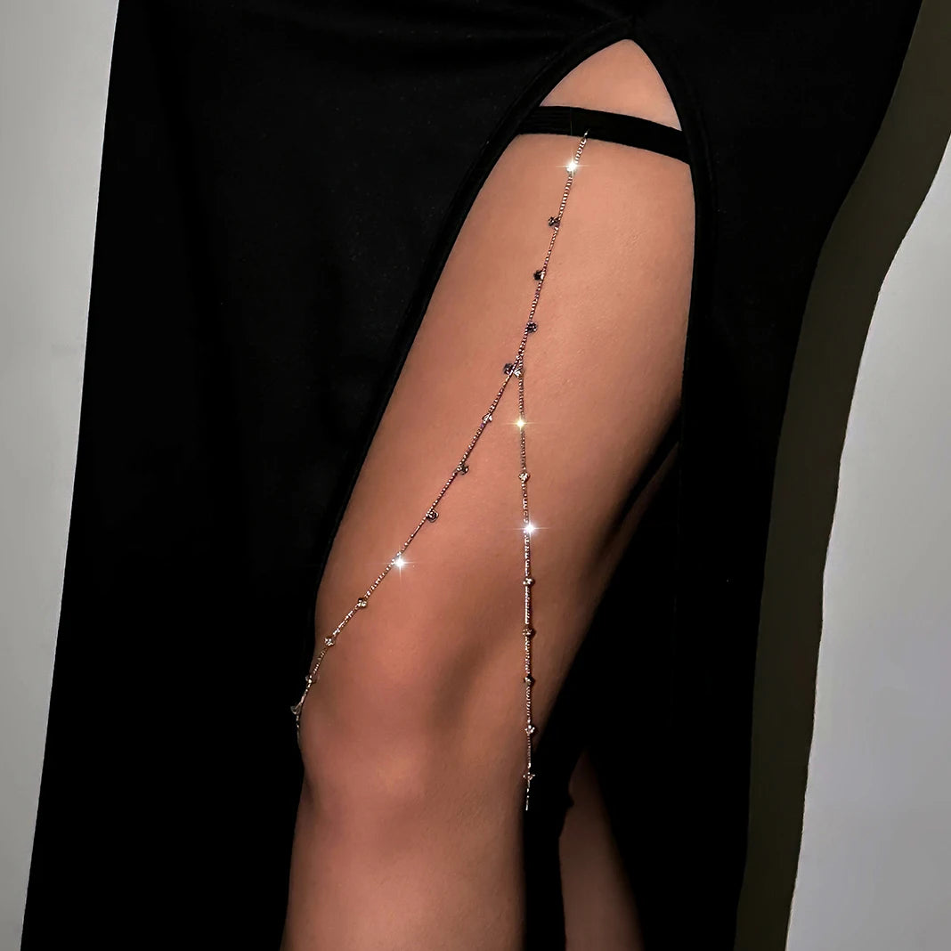 Boho Elastic Band Bandage Leg Thigh Chain for Women Bikini Sexy Tassel Multilayer Adjustable Garter Belt Rhinestone Body Jewelry