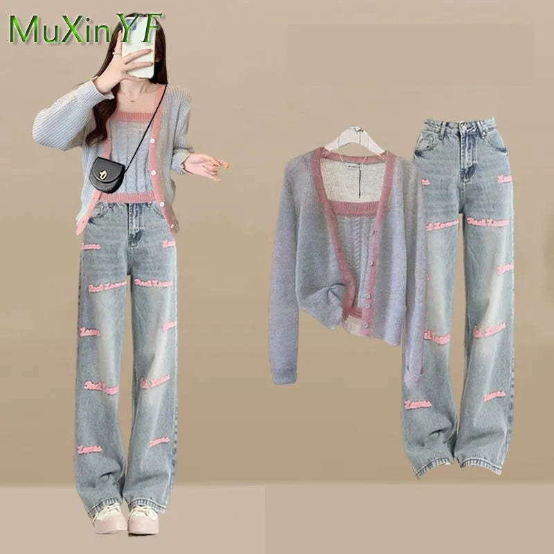 Women's 2024 Autumn/Winter New Vintage Knit Long Sleeve Jacket+Strap+Letter Jeans 3-Piece Set Korean Elegant Denim Pants Suit