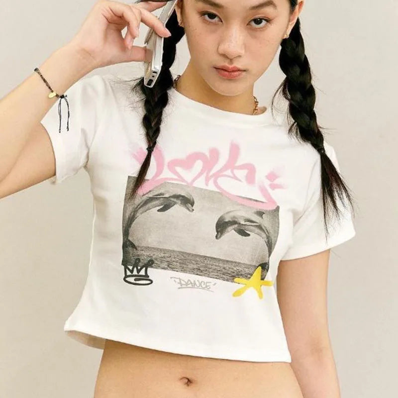 Nova camiseta de manga curta com estampa punk, gola redonda, crop tops femininos, vintage dos anos 90, doce, y2K, harajuku, casual, slim, camiseta de manga curta