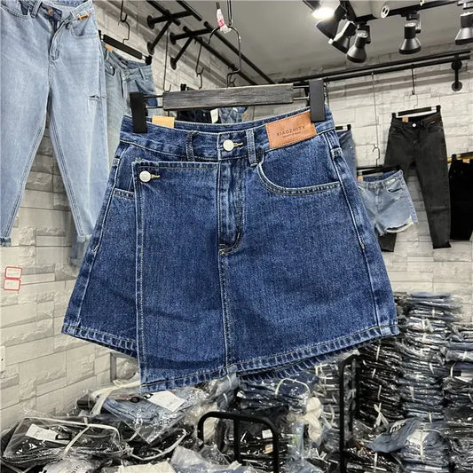 Plus Size High-Waisted Plus Size Denim Skirt Pants Summer New Style Versatile Two-Piece Illusion Irregular Character Skort