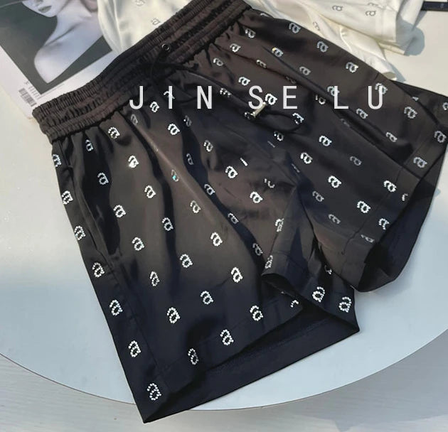 Summer Thin Rhinestone Letter Shorts Women's Fashion High Waist Loose Drooping Casual Versatile Slimming Ladies Wide Leg Pants