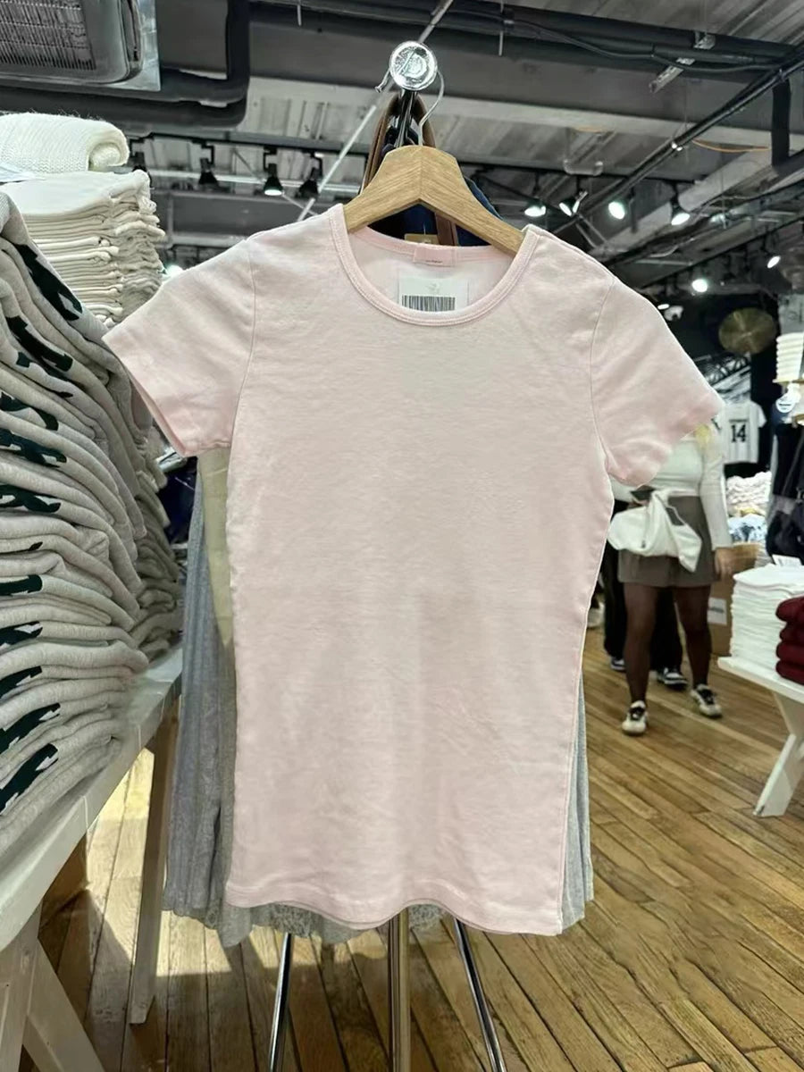 Sweet Pink Basic Slim T Shirt Women New Round Neck Cotton Short Sleeve Tees Vintage Solid Simple Summer Crop Top Y2k Clothes