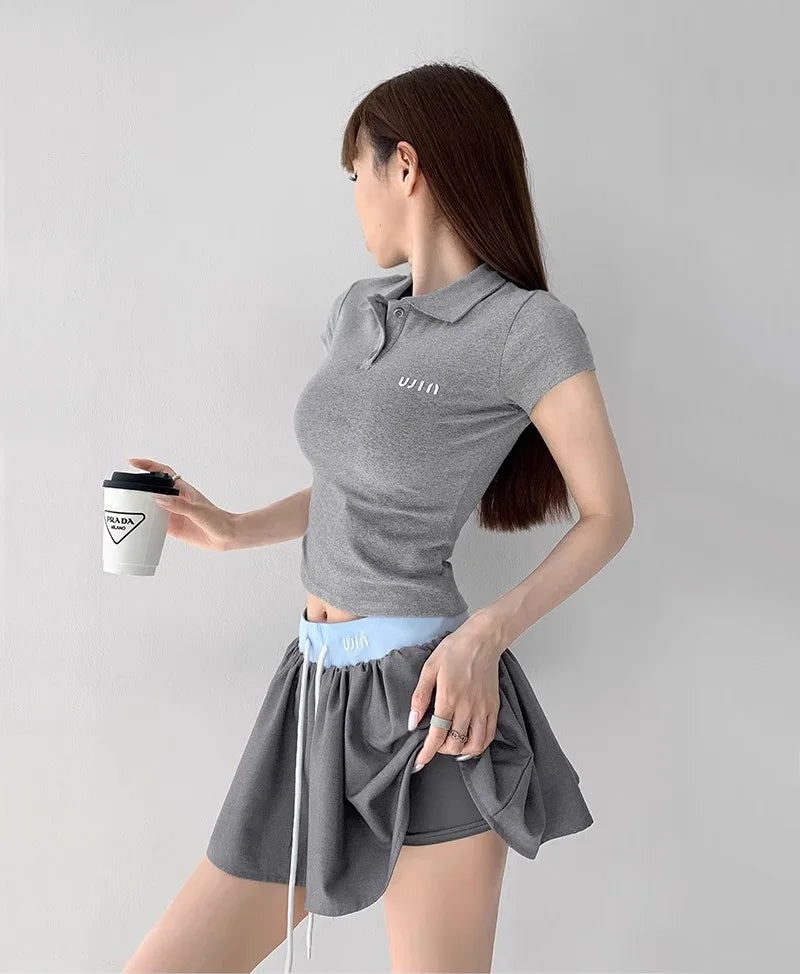 Women's Short Sleeve Polo T-shirt, Contrast Waist Mini Skirt with Underpants Co-ord