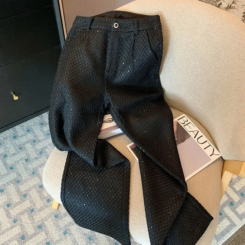 Black Style Heavy-Duty Casual Pants Autumn and Winter Women's Fashionable High Waist Straight Slimming Wide-Leg Pants 2024