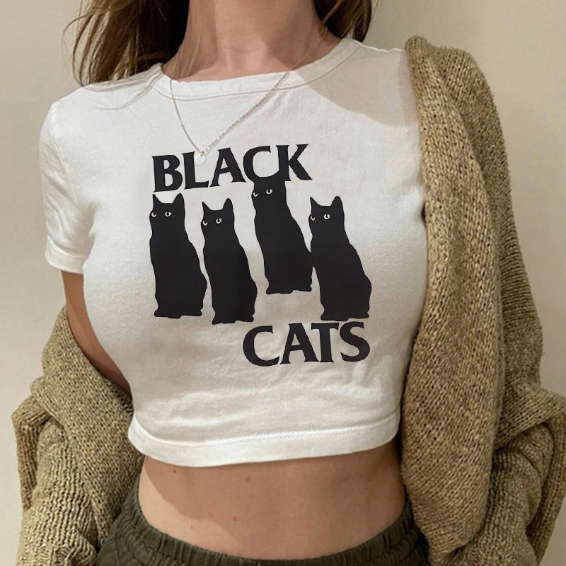 Women 2000s Sweet Funny Cat T Shirt Crop Top Women Shirt Cropped Ulzzang T-shirt 90s Tshirt Top Tee Female Gothic Shirt