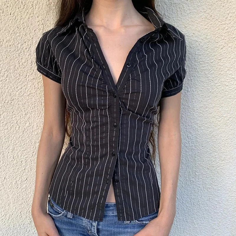 Vintage Striped Slim Fit T-shirt Ladies Short Sleeve V-neck Blouse Tees Preppy Style Button Up Crop Tops Y2K Aesthetic Clothes