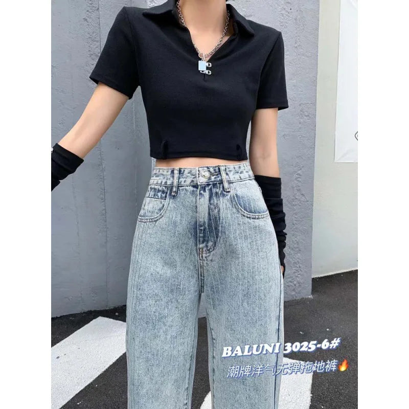 Jeans retos de perfuração quente de alta qualidade Loose Row 2023, nova primavera feminina, cintura alta, emagrecimento, moda combinando, calças compridas Mop