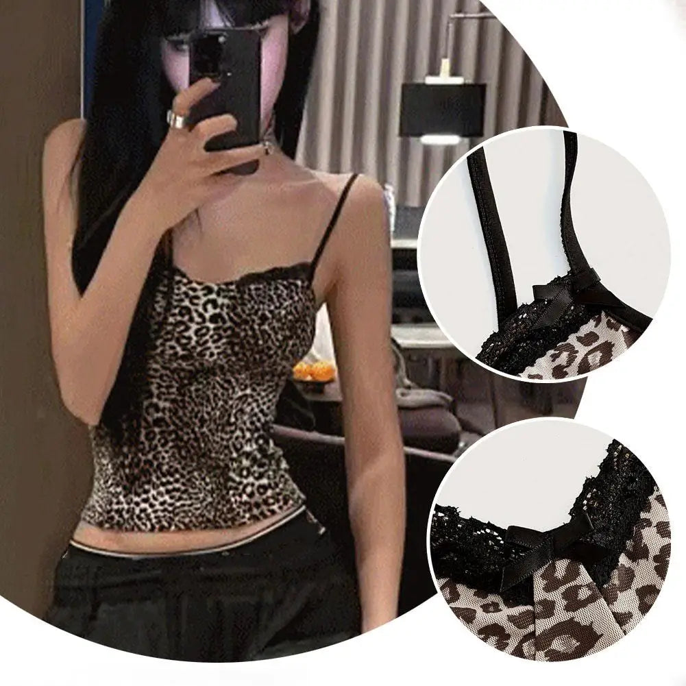 Camisola com estampa de leopardo estilo americano para mulheres verão hotsweet sexy slim interior desgaste exterior curto estético cor c7e7