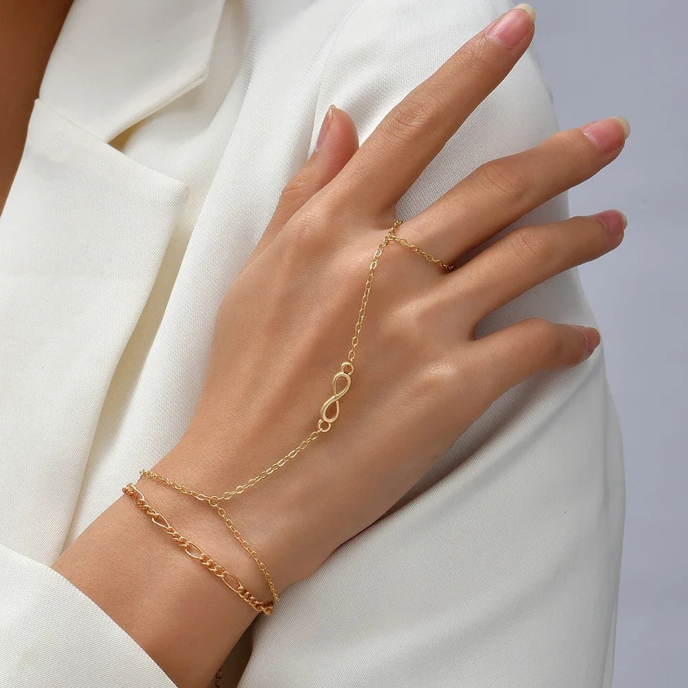 Dainty Hand Chain Bracelet Ring Gold Plated Handmade Link Chains Connecting Harness Bracelets Hand Jewelry for Women Trendy Gift