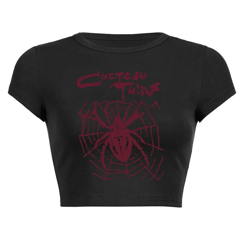 Aesthetic 2023 Gothic Crop Tops Y2k Women's Harajuku O Neck Short Sleeve T-shirts Spider Web Graphic Punk Grunge Fairy Baby Tees