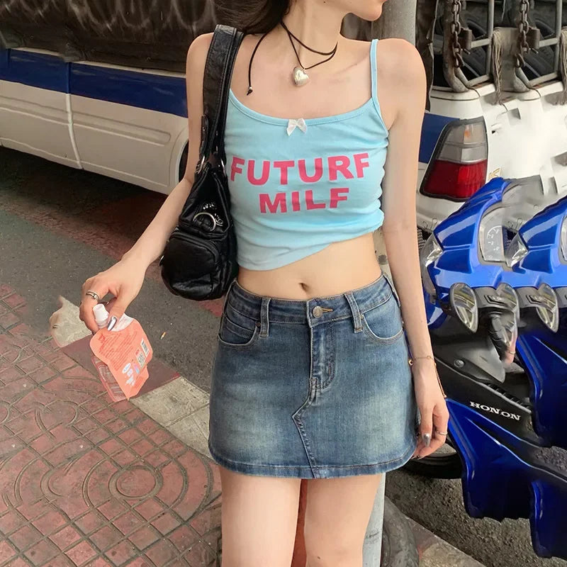 Vintage Sexy Denim Mini Skirt A- Line Waist High Waist Elastic Waist Female Summer 2024 New Arrival Packed Hip Half Skirt