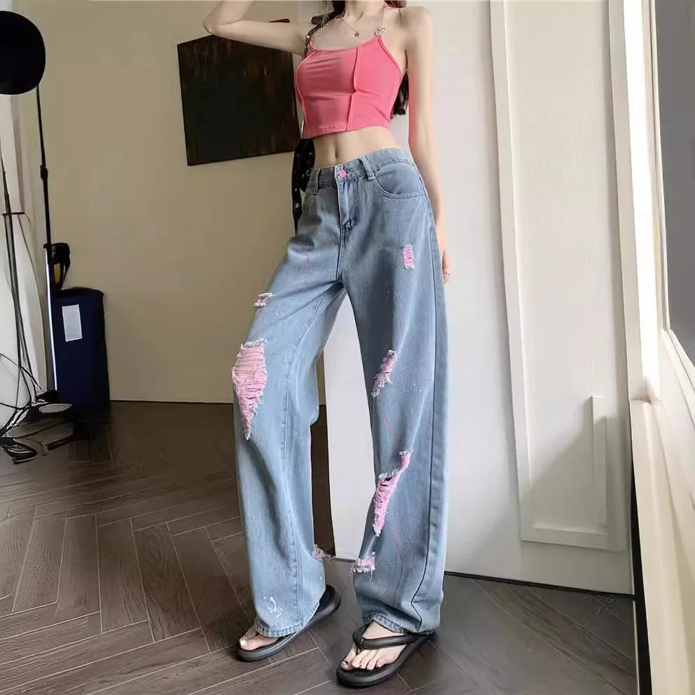 Jeans Women Ripped Niche Design 2025 Summer New High-waisted Slimming Loose Casual Straight Wide-leg Pants