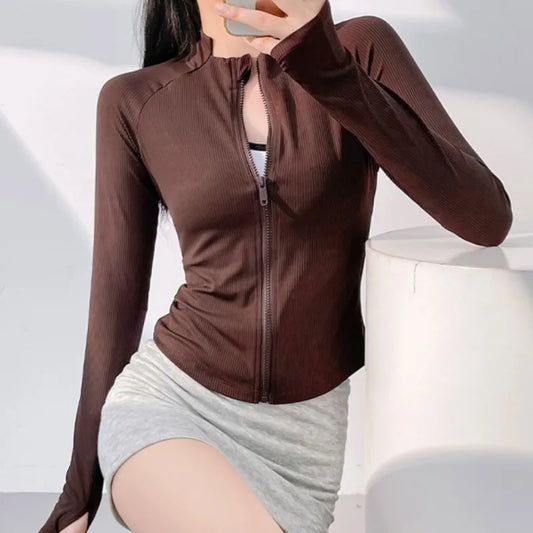 Activewear Running Coat Coffee Clothes Long Sleeve Sports Peach Yoga Jacket Womens Zip Fitness Yoga Shirt Gym High Elastic Tops