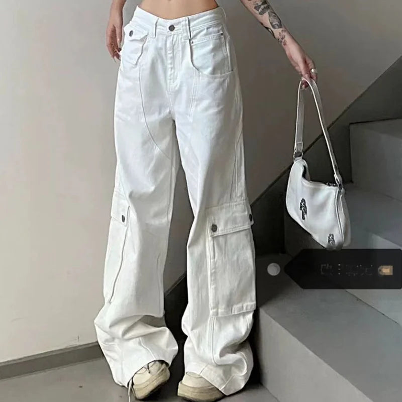 Fashion Baggy Cargo Long Pants Women Y2K American Vintage Streetwear Wide Leg Straight Trouser Casual Distressed Female Bottom