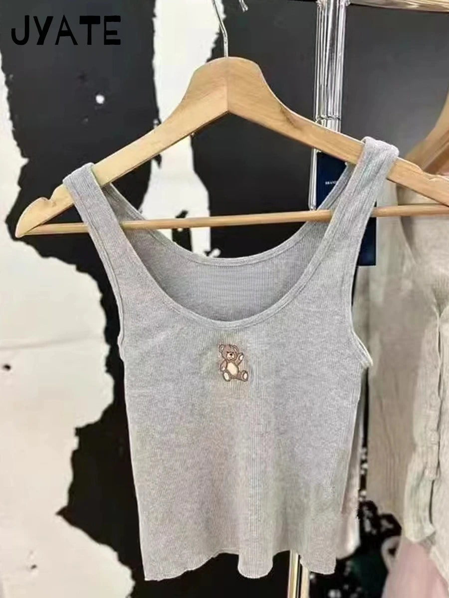 Novo 14 Bordado Slim Tank Top Feminino Primavera Casual Sem Mangas Algodão Branco Estilo Preppy Camis Feminino Bonito Doce Colete Y2K Tops