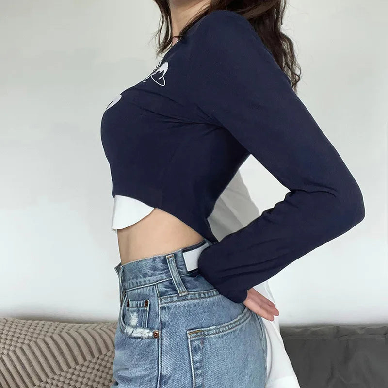 Blue Fake Two Short T-Shirts Street Fashion Y2k Long-Sleeved Navel Crop Top Female 2024 Casual Trend Tee Spring Women's Clothing