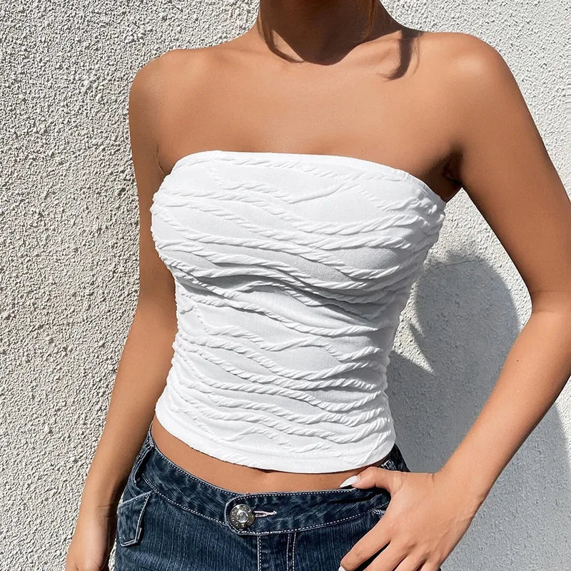 2024 Verão Y2K Streetwear Crop Tops Tees Sem Mangas Slim Tubo Regata Sem Alças Sem Costas Sexy Ruched Branco Corset Crop Top