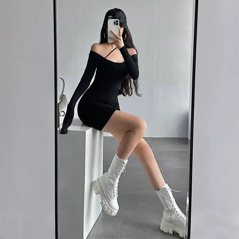 Pink Spicy Girl Sexy Tight Show Slim Skew Fashion Shoulder Strap Long Sleeve Bottom  Wrapped Hip Short Skirt Y2K mini dress