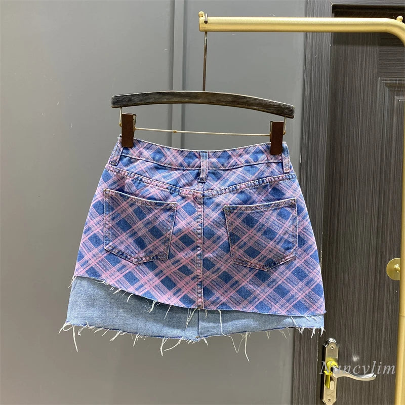 2024 Summer New Diamond Plaid Stitching Denim Skirt Women's Design Sense Niche A- Line Sheath Short Skirt