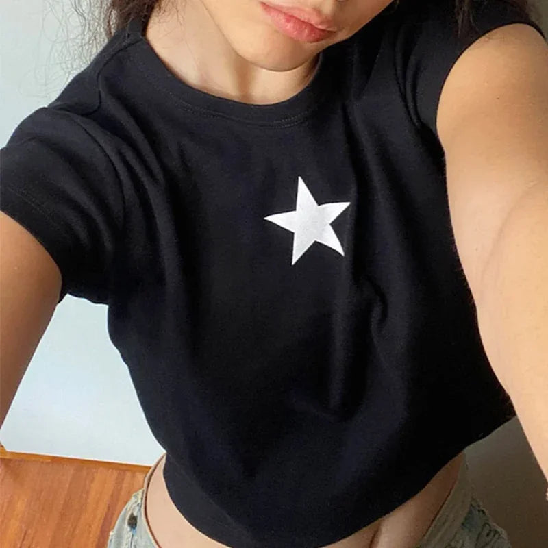 Kawaii Women's Cropped Top Harajuku Baby Tee Y2K Goth Short Sleeve Streetwear Star Print Clothes Tee Emo Scene Vintage T-shirt