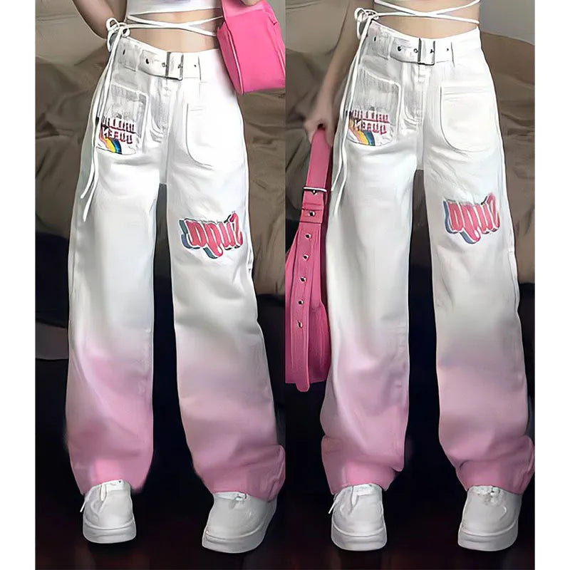 Calça jeans individualizada de hip hop americana retrô gradiente rosa outono cintura alta zíper bolso de botão lavado calças retas