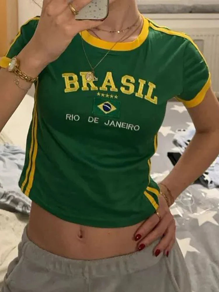 Carta brasileira bordada gótica corte top street clothing xadrez bebê camiseta retrô manga curta Y2k roupas 2024 verão EMO