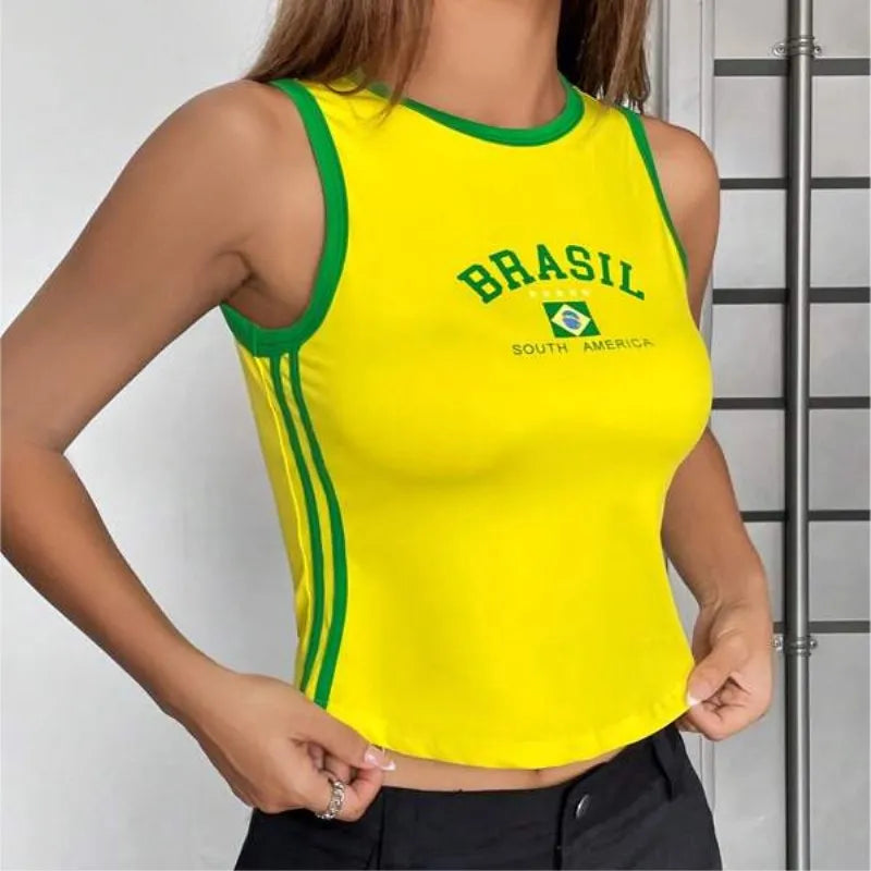 Brazil Football Soccer Jerseys Uniform National Team Fans Club Letter Print Streetwear Slim Y2K Crop Top Women Football Vest Top