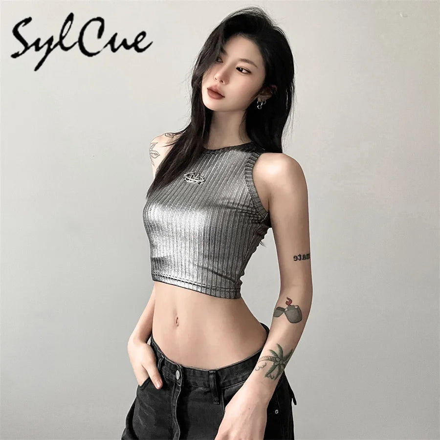 Sylcue 2024 Spring New Style Retro Solid Color Retro Trendy Distinctive All-match Casual High Street Cool Women's Letter Vest