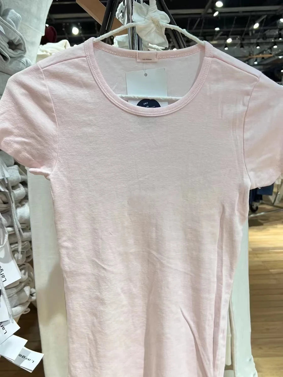 Sweet Pink Basic Slim T Shirt Women New Round Neck Cotton Short Sleeve Tees Vintage Solid Simple Summer Crop Top Y2k Clothes