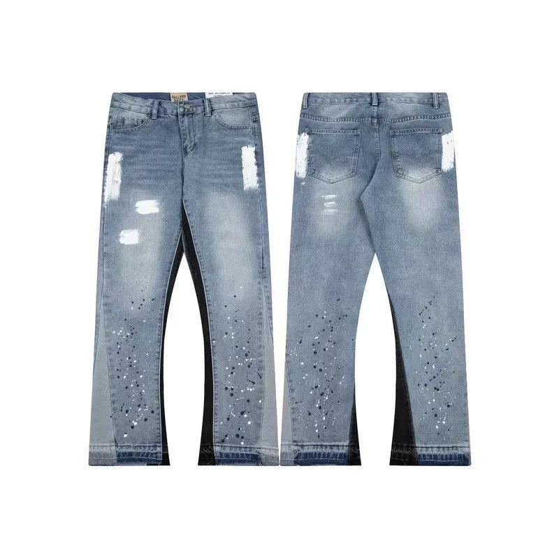 European and American street splicing splash-ink jeans for men and women high street fashion micro-flared pants for couples