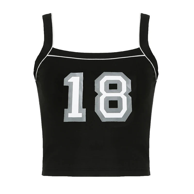 BIIKPIIK Contrast-color Digital Print Camisole Casual Stitch Women Tank Tops Streetwear All-matched Slim Fit Black Vests Sporty