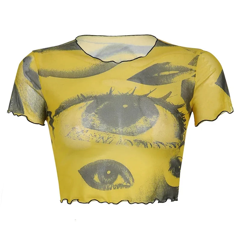 New Graphic T-shirt Women's Mesh Big Eye Print Fungus Edge Fashion Casual Harajuku Short Cropped Navel Y2K Top T-shirt